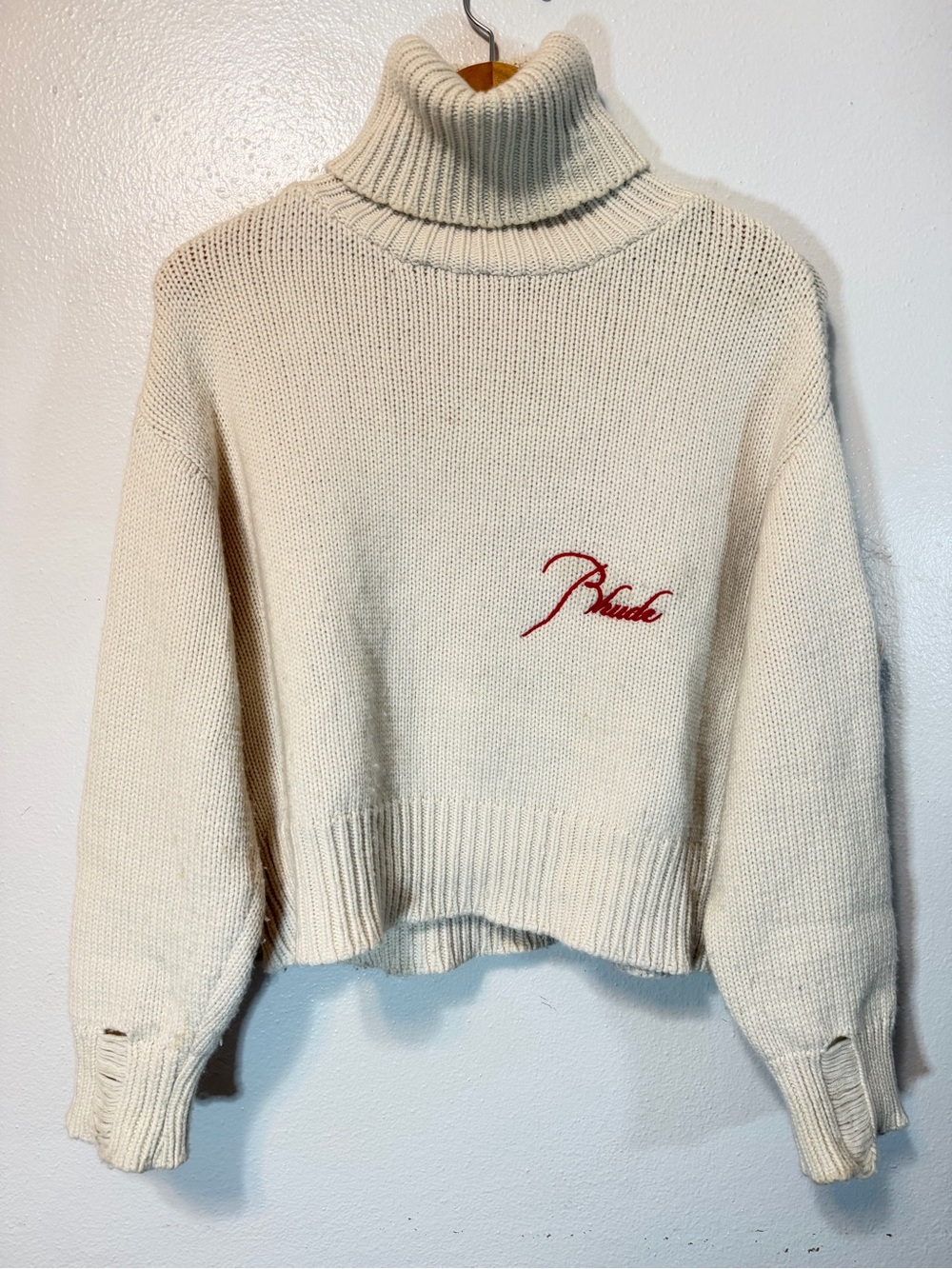 RHUDE Women’s Cream Knit Turtleneck Sweater Embroidered Logo S cashmere blend